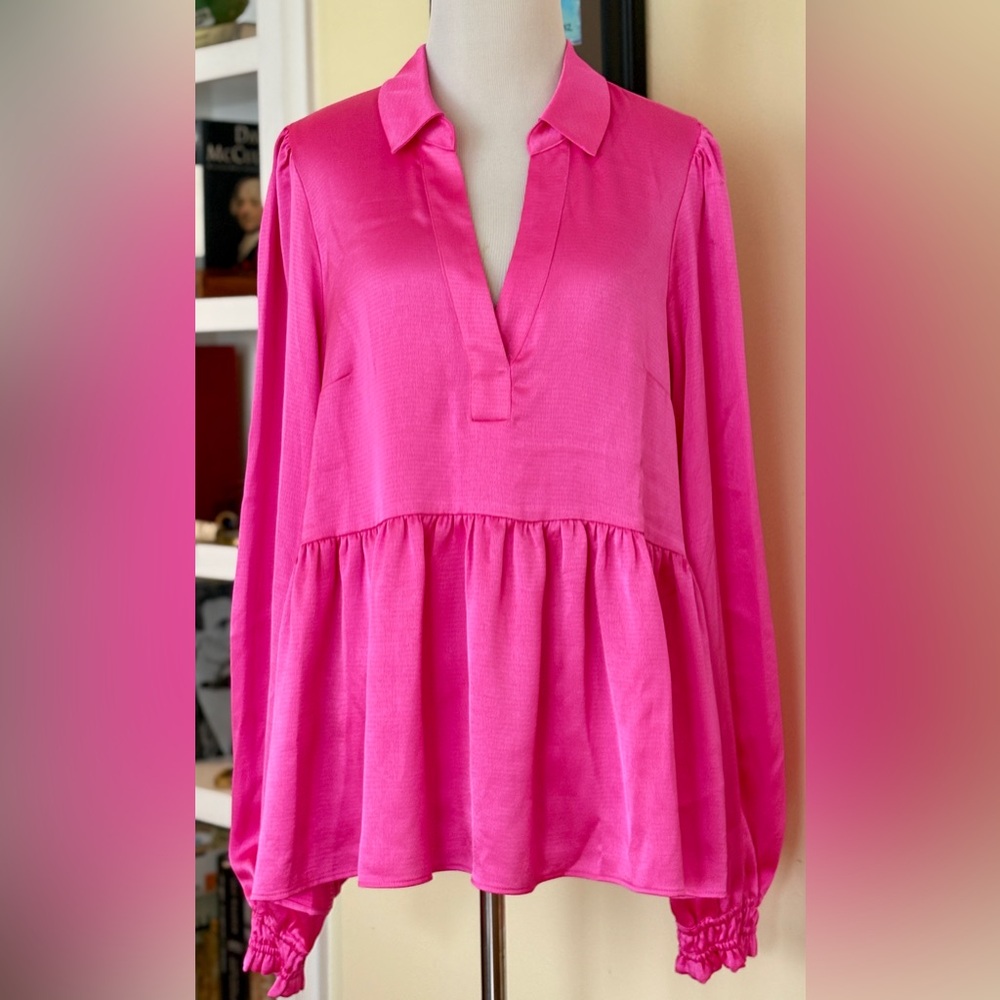Lilly Pulitzer Top Hot Pink Sateen Jaylene Long Sleeve Peplum Hem Blouse XL - Picture 4 of 9